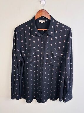 Loft Silver Polka Dot Button Down Blouse Size XL